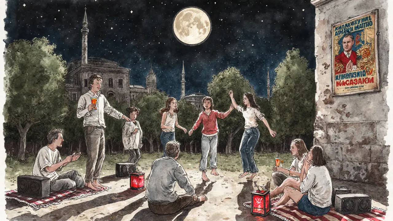 Locals dancing in Moda Park under the stars with portable speakers and homemade raki cocktails.