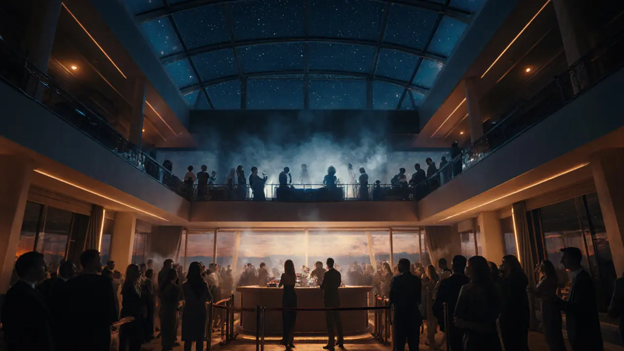 Luxe nightclub with open roof, glowing sea view, and stylish crowd dancing to deep house music.