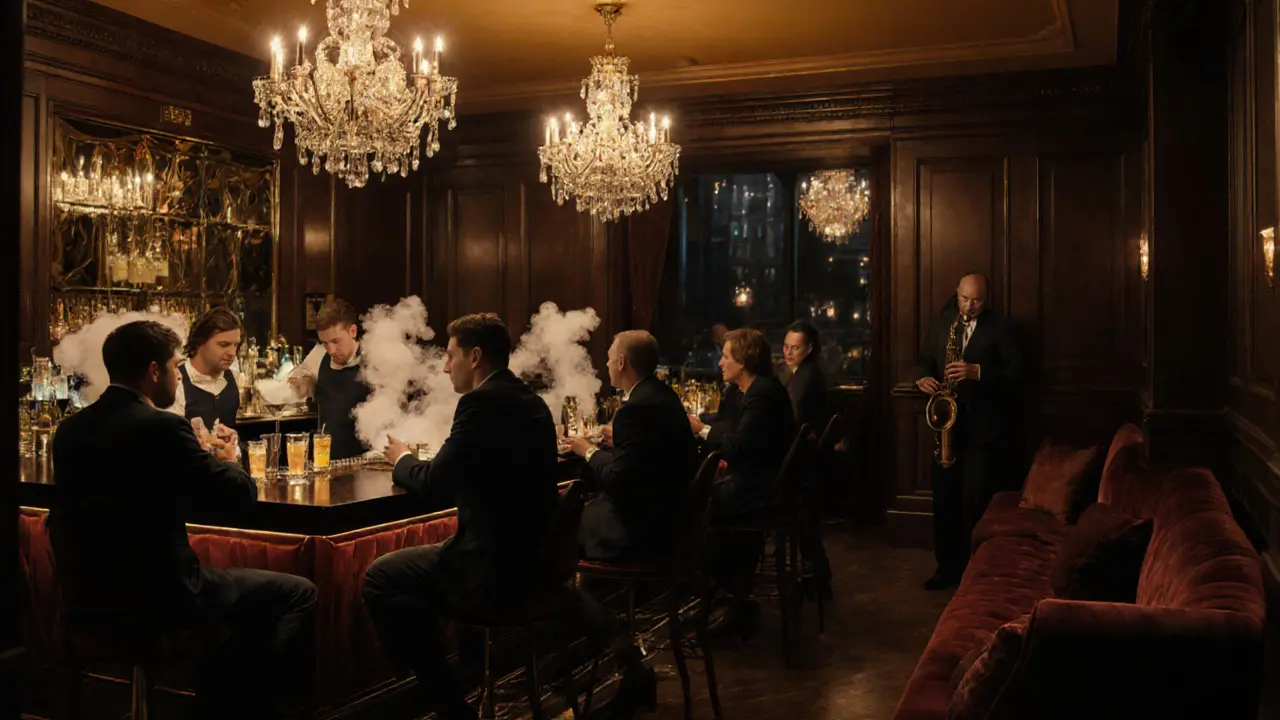 Luxurious bar with velvet seating and crystal chandeliers at midnight.