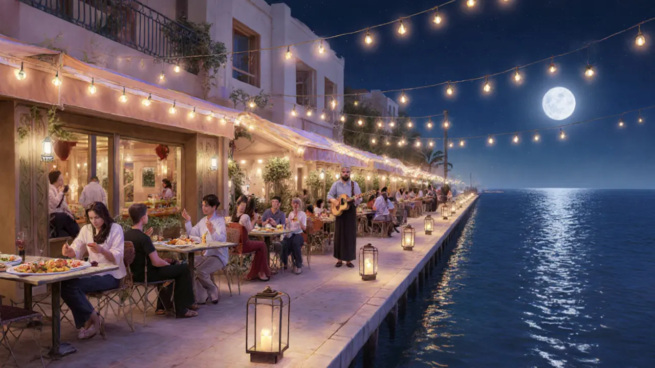 Nighttime waterfront promenade with string lights, families and musicians enjoying food and music.