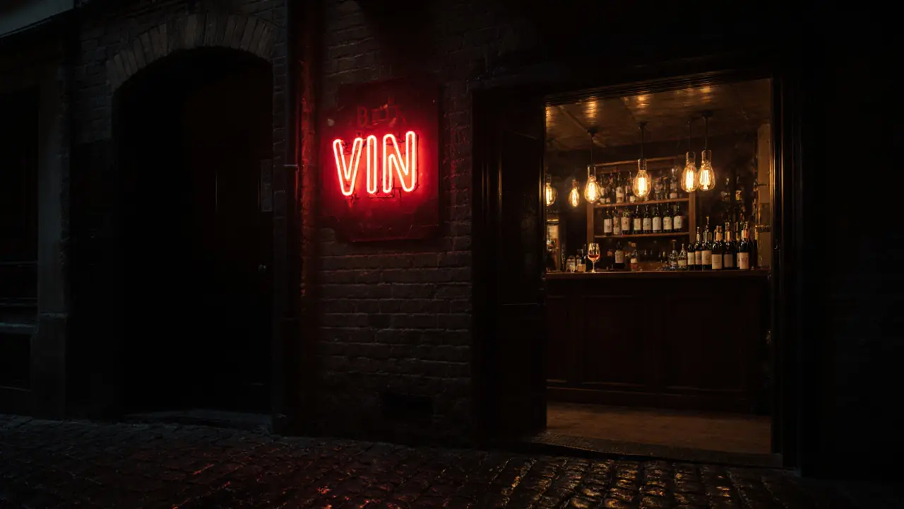 Red neon &#039;VIN&#039; sign glowing above a dimly lit wine bar entrance on a rainy night.