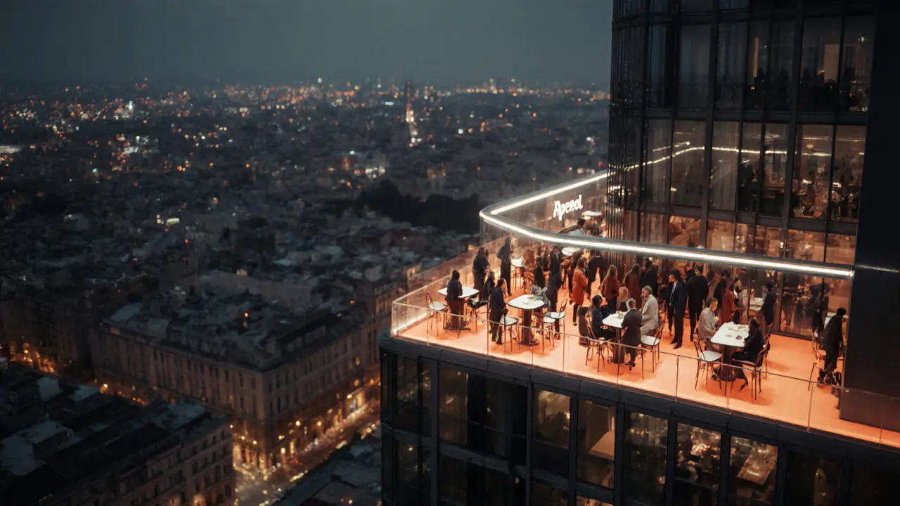 Rooftop terrace of Terrazza Aperol overlooking Milan&#039;s modern skyline at night.