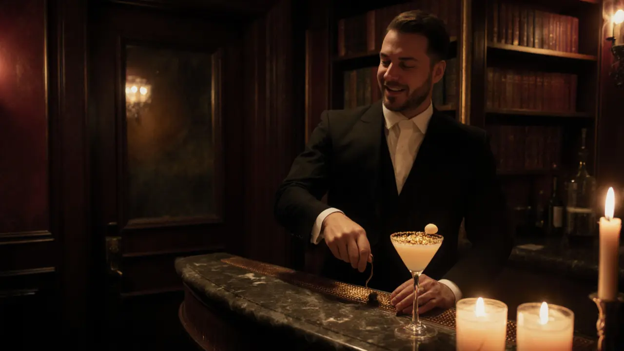 Secret speakeasy lounge with bookshelves and candlelight, featuring a golden-leaved cocktail on marble bar.