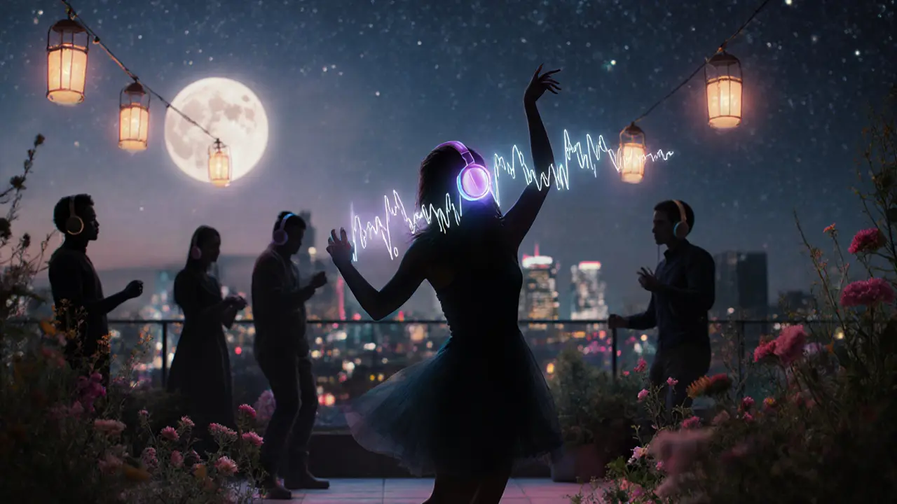 Silent disco on a rooftop garden under stars, people dancing with glowing headphones.