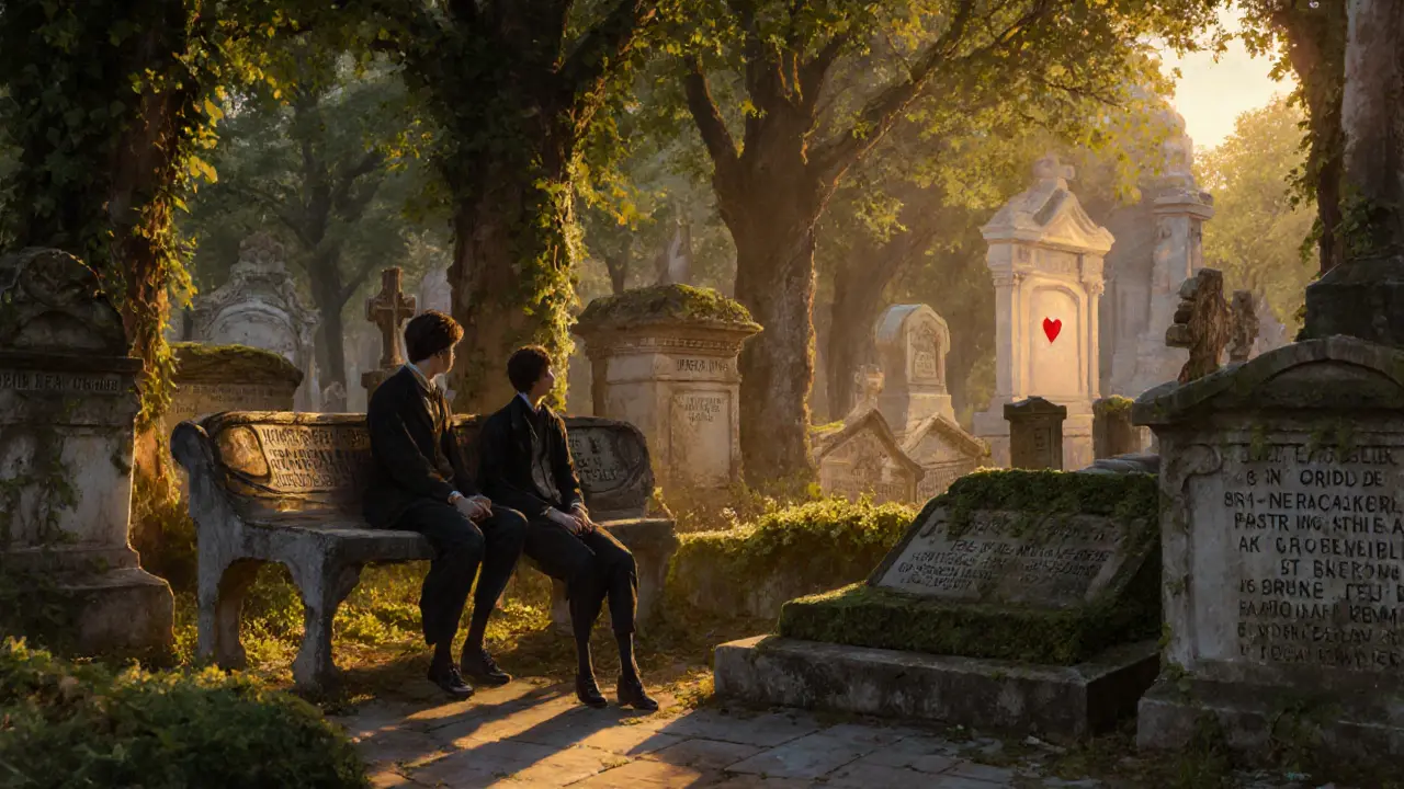 Silent figures on a bench in Père Lachaise Cemetery, sunlight filtering through trees over mossy graves.