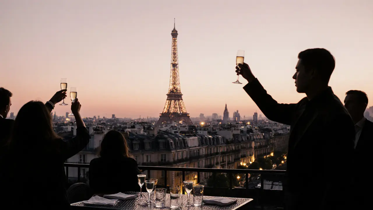 Silhouettes celebrating on a rooftop at dawn with Eiffel Tower in distance, champagne flutes raised.