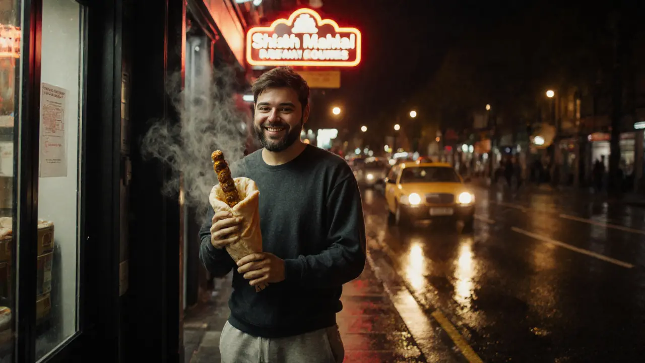 Someone eating a kebab outside Shish Mahal at night, neon sign glowing on wet pavement.
