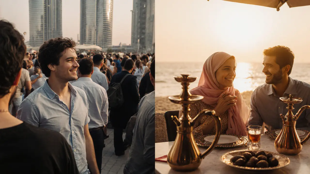 Split image: one side shows crowded tourism, the other a serene private moment at a beachside lounge in Dubai.