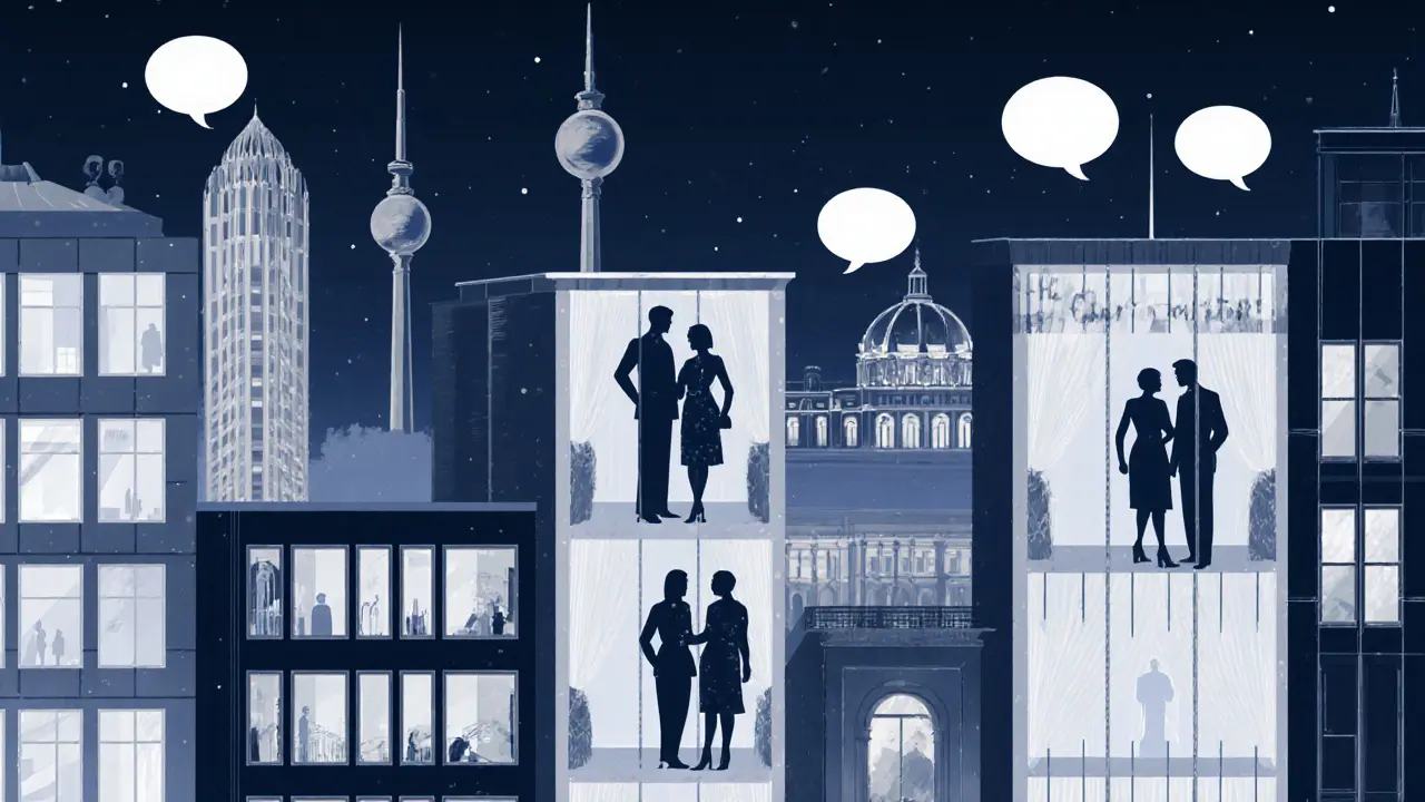 The Berlin skyline at night with translucent figures of companions reflected in luxury hotel windows.