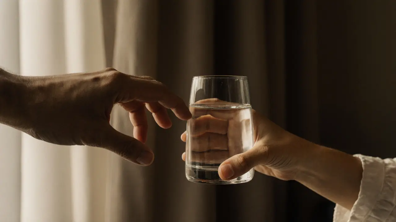Two hands almost touching as one offers a glass of water, subtle and intentional connection.