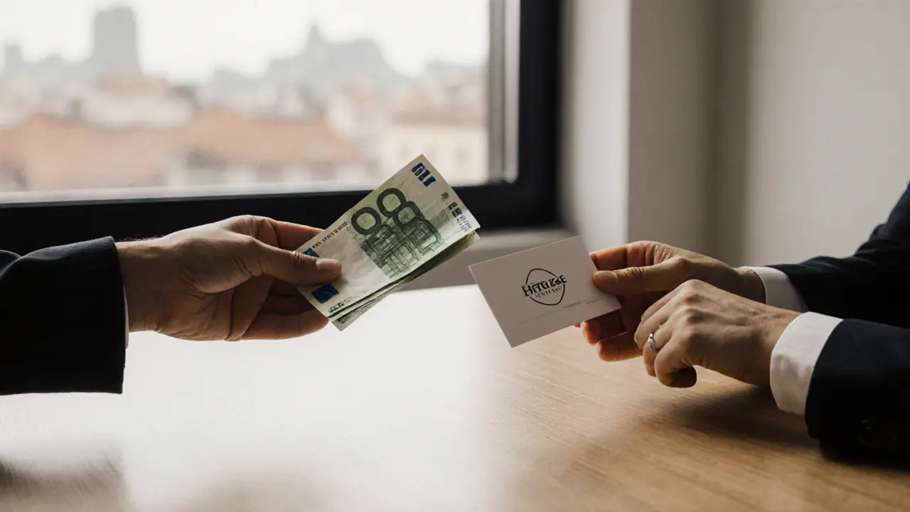 Two hands exchanging cash and a business card in a neutral space, symbolizing clear professional boundaries.