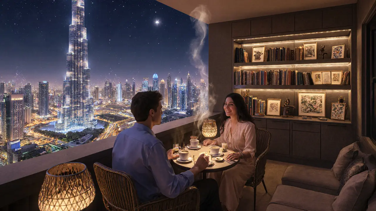 Two people enjoy quiet time on a rooftop lounge in Dubai, overlooking the Burj Khalifa with incense rising softly.