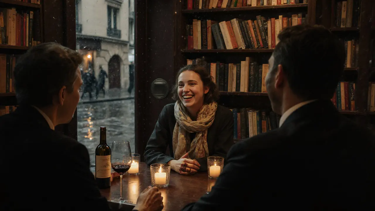 Two people enjoy wine and conversation in a candlelit Parisian bookshop, surrounded by rare books and rain-dampened streets.