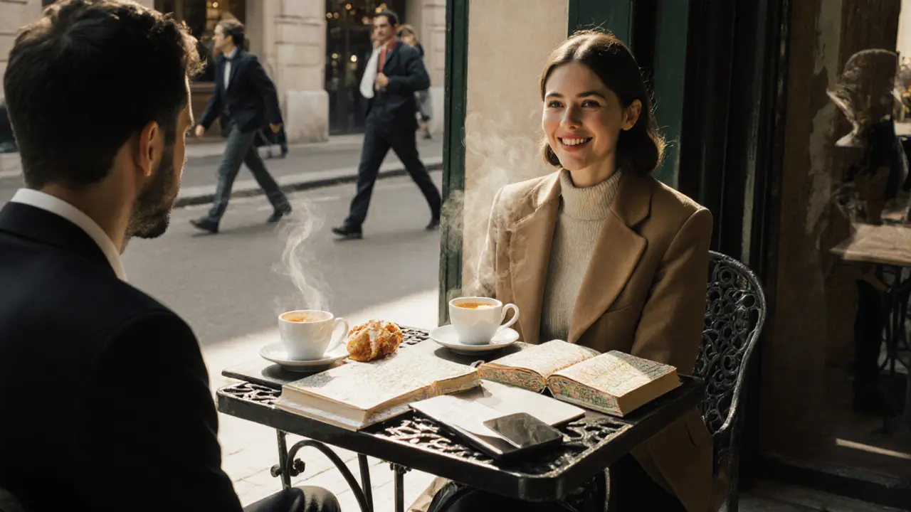 Two people share a quiet lunch at a Le Marais café, engaged in thoughtful conversation over coffee.