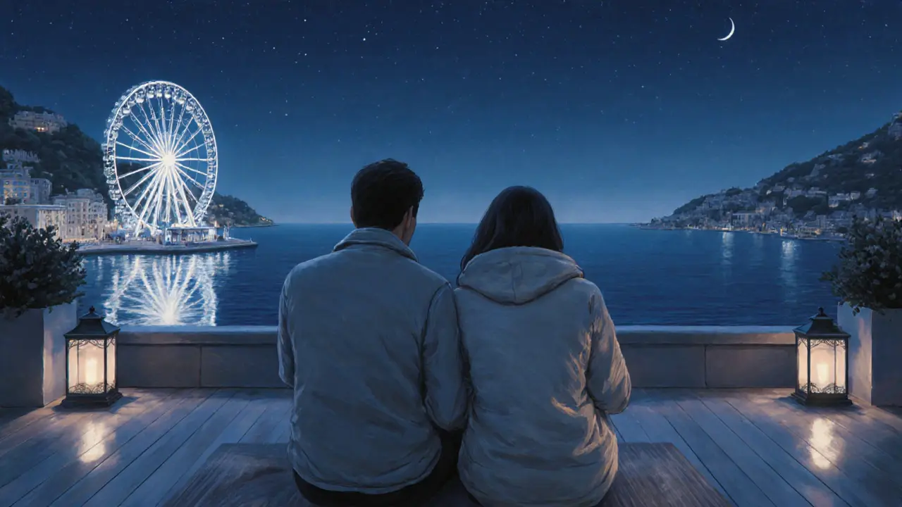 Two people sitting silently on a rooftop terrace under stars, Ferris wheel lights reflecting on water below.