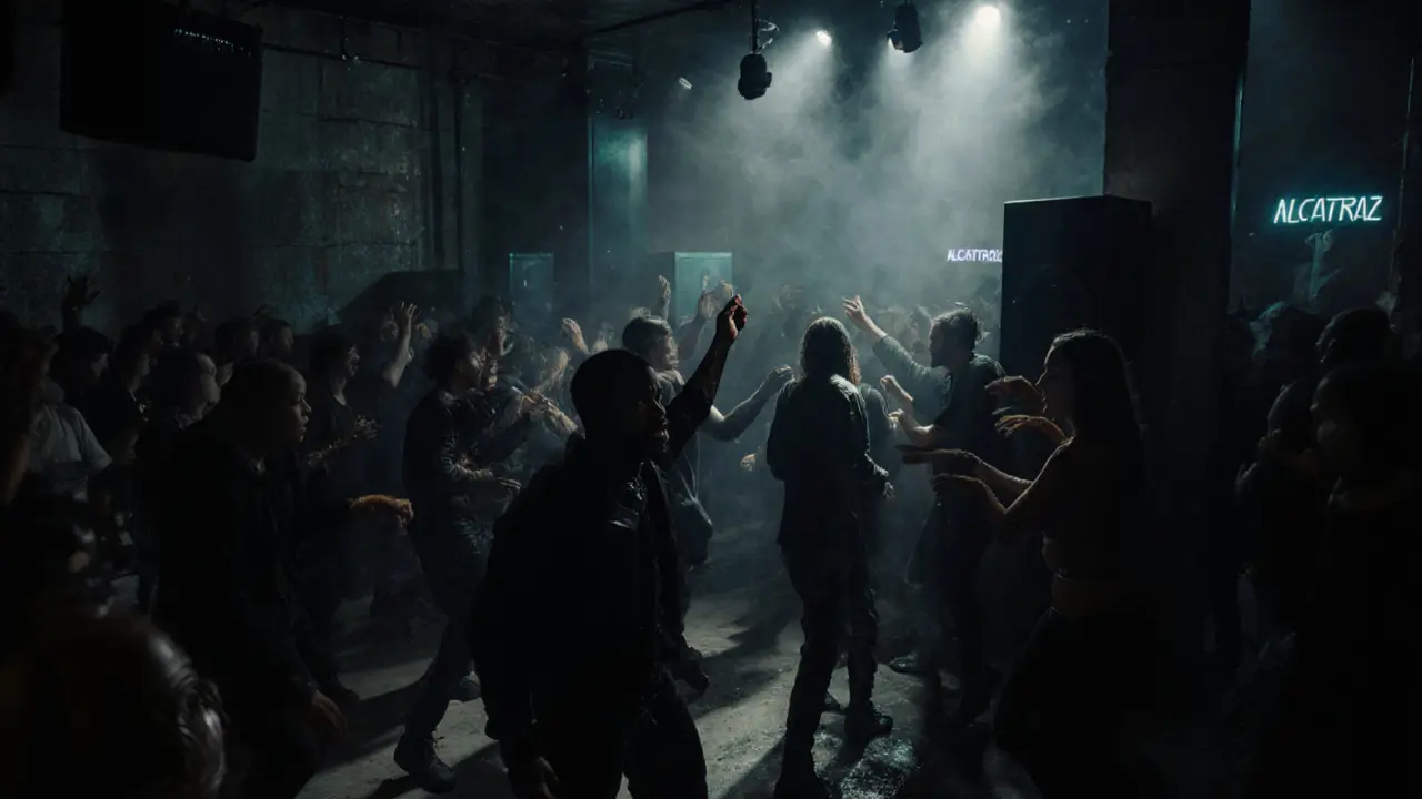 Underground nightclub Alcatraz filled with dancers under strobing lights and smoke.