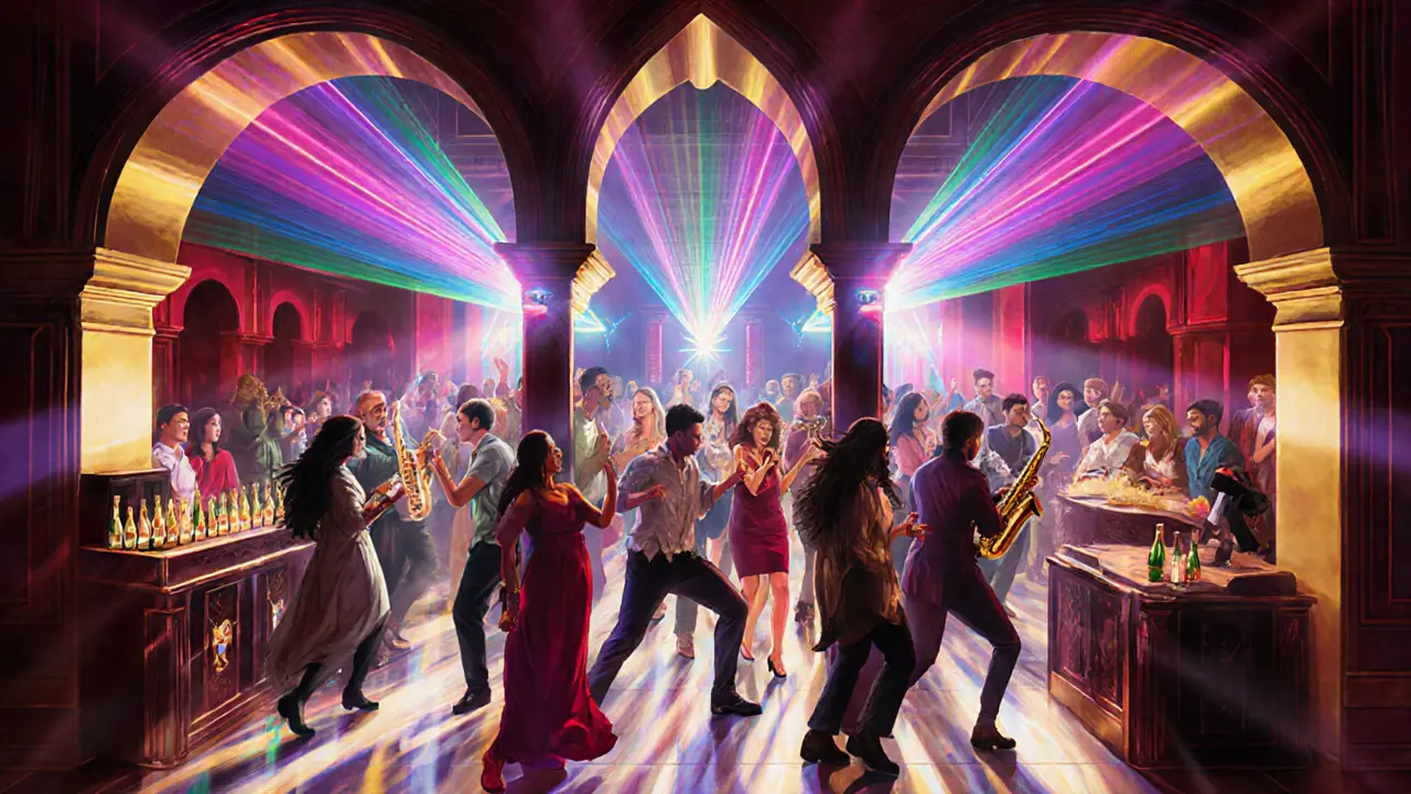 Vibrant nightclub scene in Dubai with diverse crowd dancing under laser lights and multiple music zones.