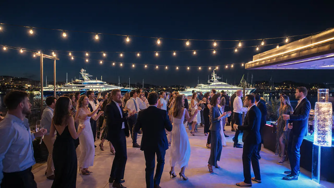 Vibrant open-air nightclub by the harbor with yachts in background and guests dancing under string lights.