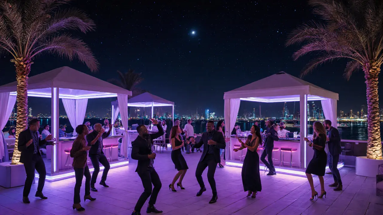 Vibrant rooftop nightclub terrace with dancing guests, neon lights, and yachts in the background.