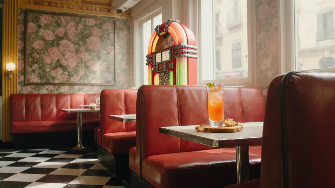 Wes Anderson-style Bar Luce interior with red booths, checkered floor, and an Aperol Spritz on the table.