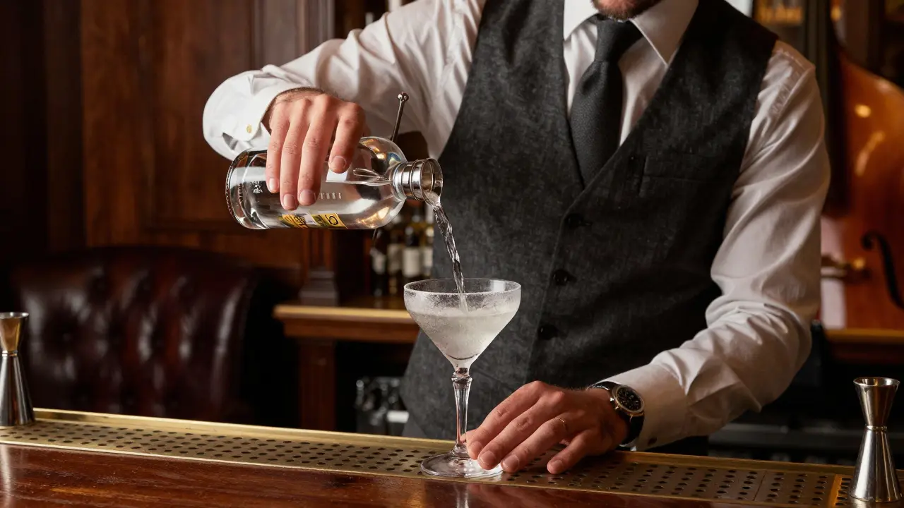 A bartender stirs a martini in a classic bar with dark wood and leather chairs, no noise or crowds.