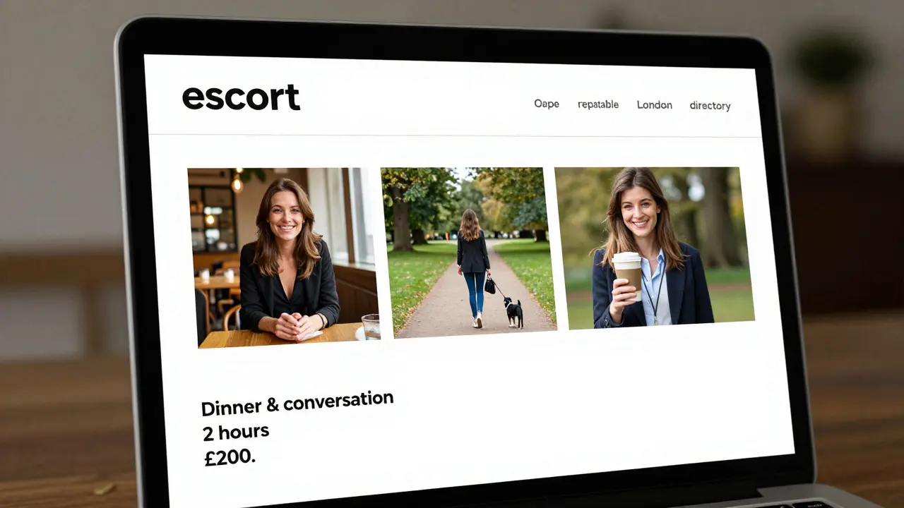 A clean escort profile on a London website with authentic photos and clear service details.