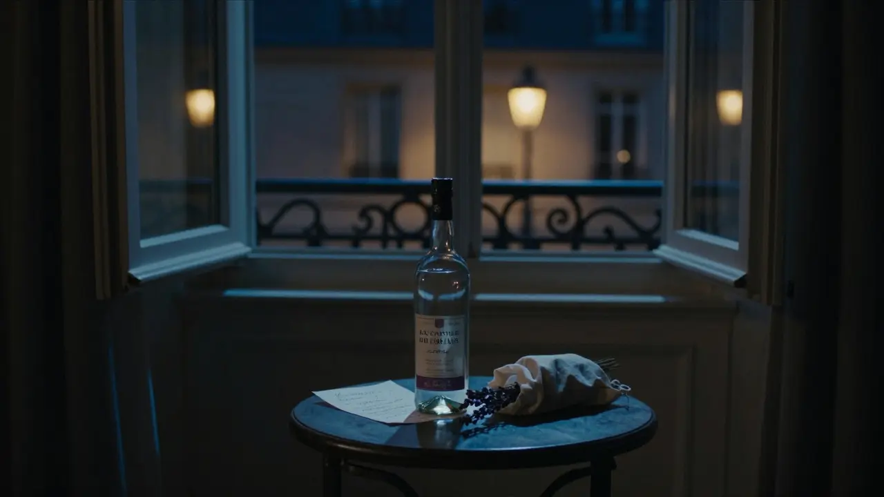 A clear absinthe bottle and dried lavender on a table in a quiet Paris apartment at night.