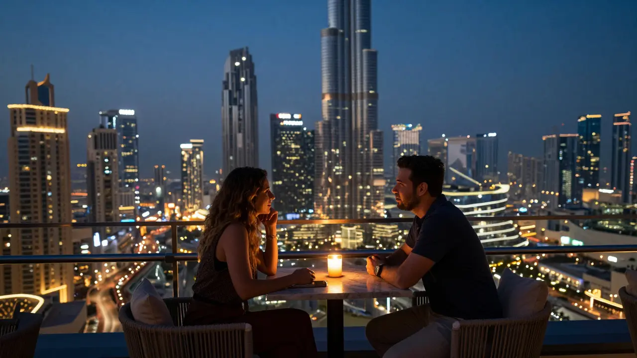 A couple conversing at a Dubai rooftop bar at dusk, engaged in genuine dialogue under the city's glowing skyline.