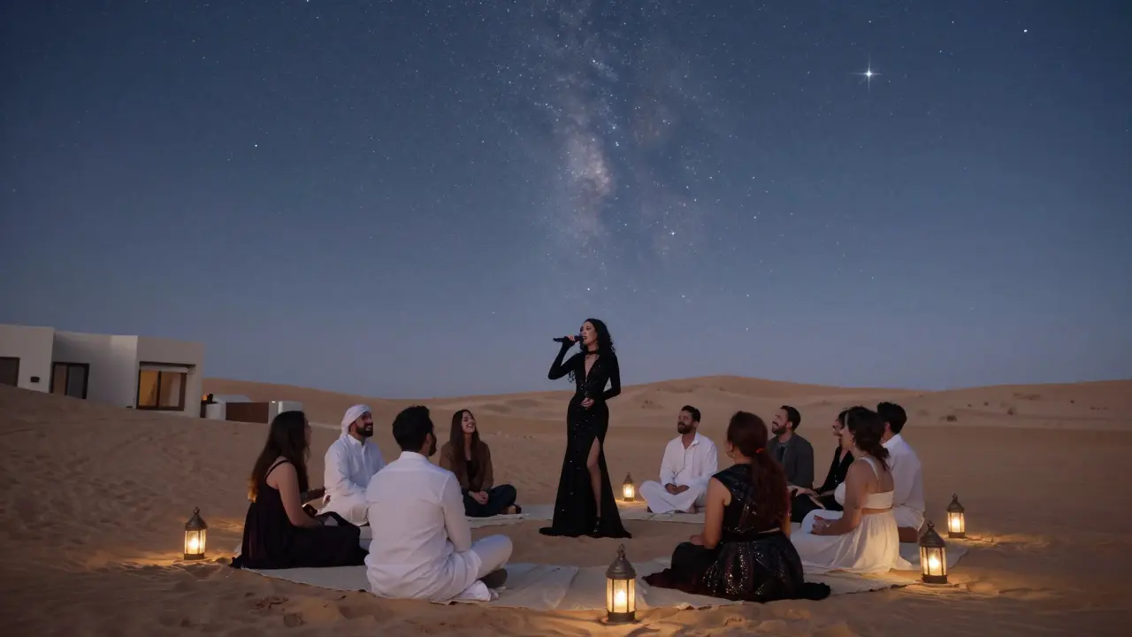 A group of people enjoying a quiet drag performance under desert stars at a luxury hotel rooftop, serene and intimate.