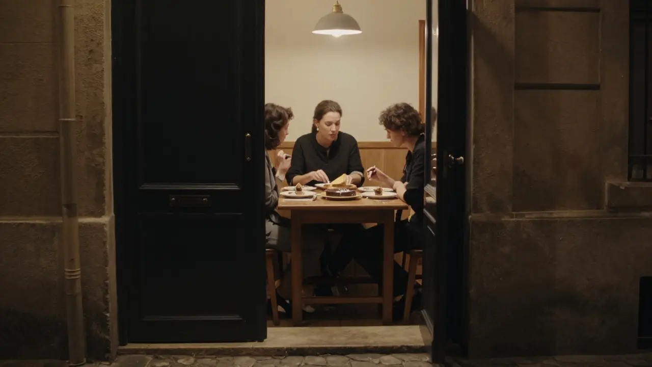 A hidden door opens to a quiet kitchen where a chef serves a chocolate tart to intimate diners.