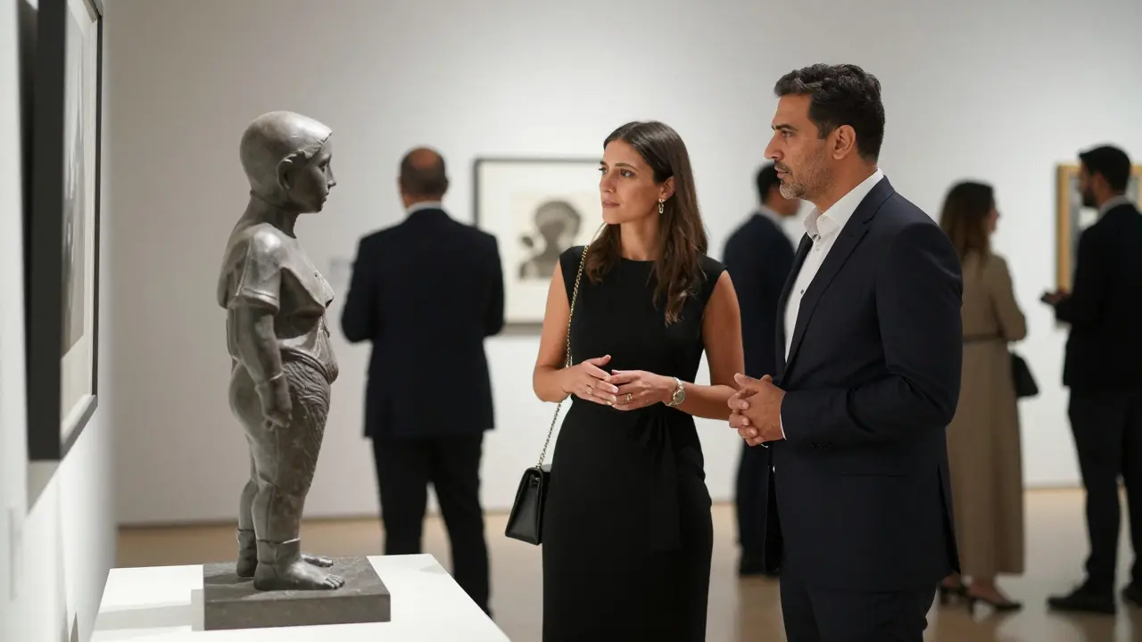 A man and woman engaged in thoughtful conversation at an art gallery opening, standing before a modern sculpture under cool gallery lighting.