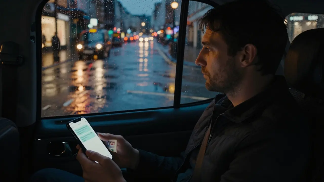 A man in a taxi at night in London, holding cash and looking thoughtfully out the window.