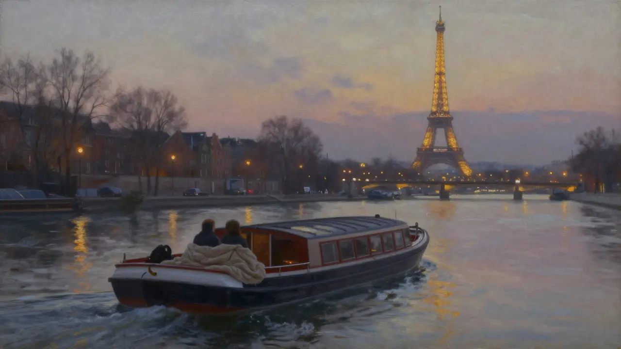 A private boat glides silently on the Seine at dusk, the Eiffel Tower sparkling in the distance.
