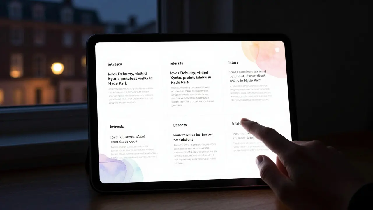 A private digital profile displayed on a tablet, showing curated interests without any photographs.