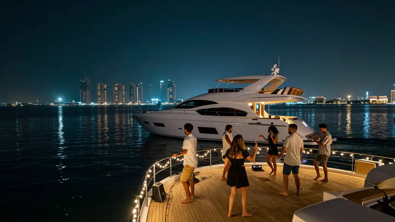 A private yacht at night on Dubai Marina with guests dancing under string lights, city lights reflecting on the water.