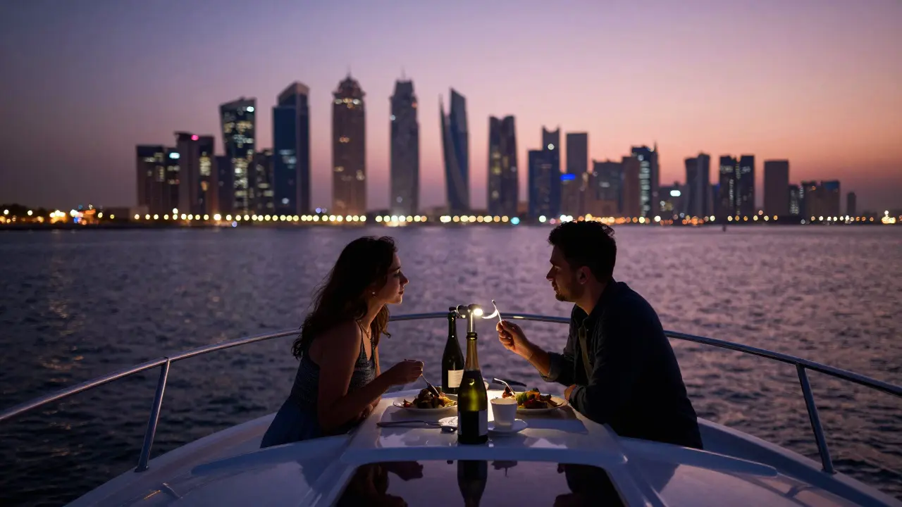 A private yacht at twilight on Abu Dhabi's Corniche, with a couple sharing dinner as the city lights reflect on the water.
