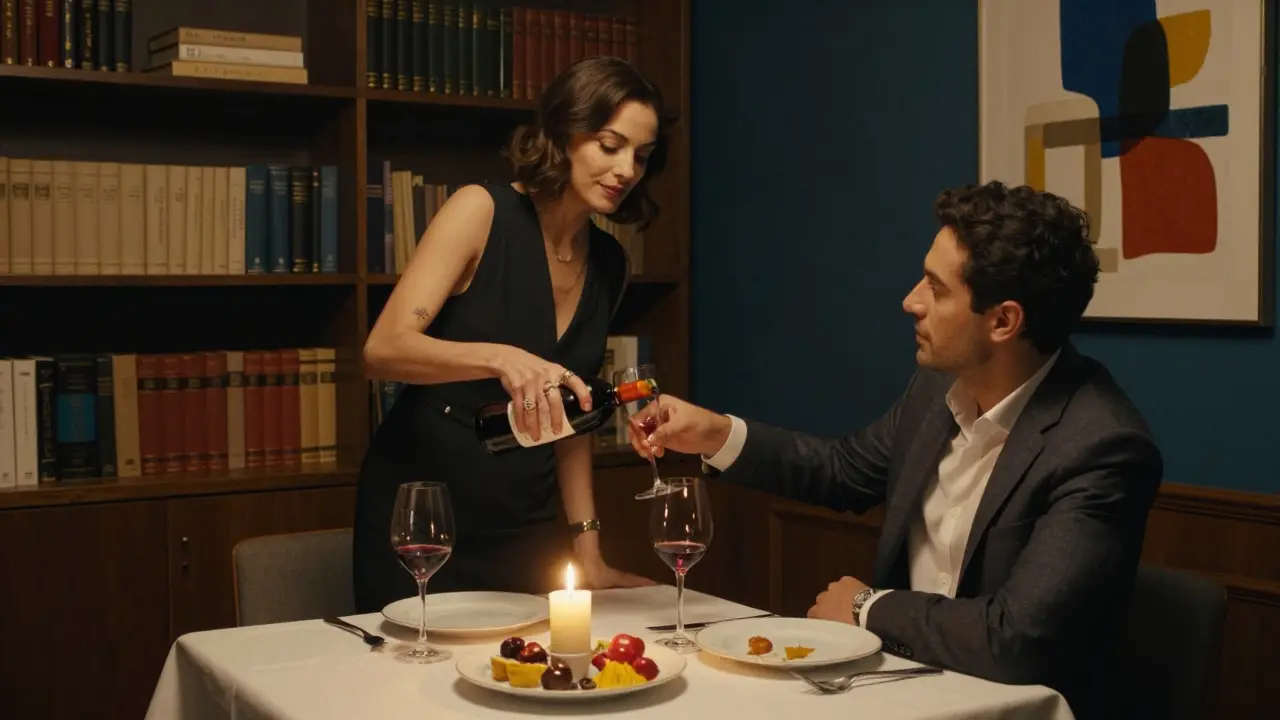A refined dinner in Brera with a woman pouring wine for a man, surrounded by art and candlelight.