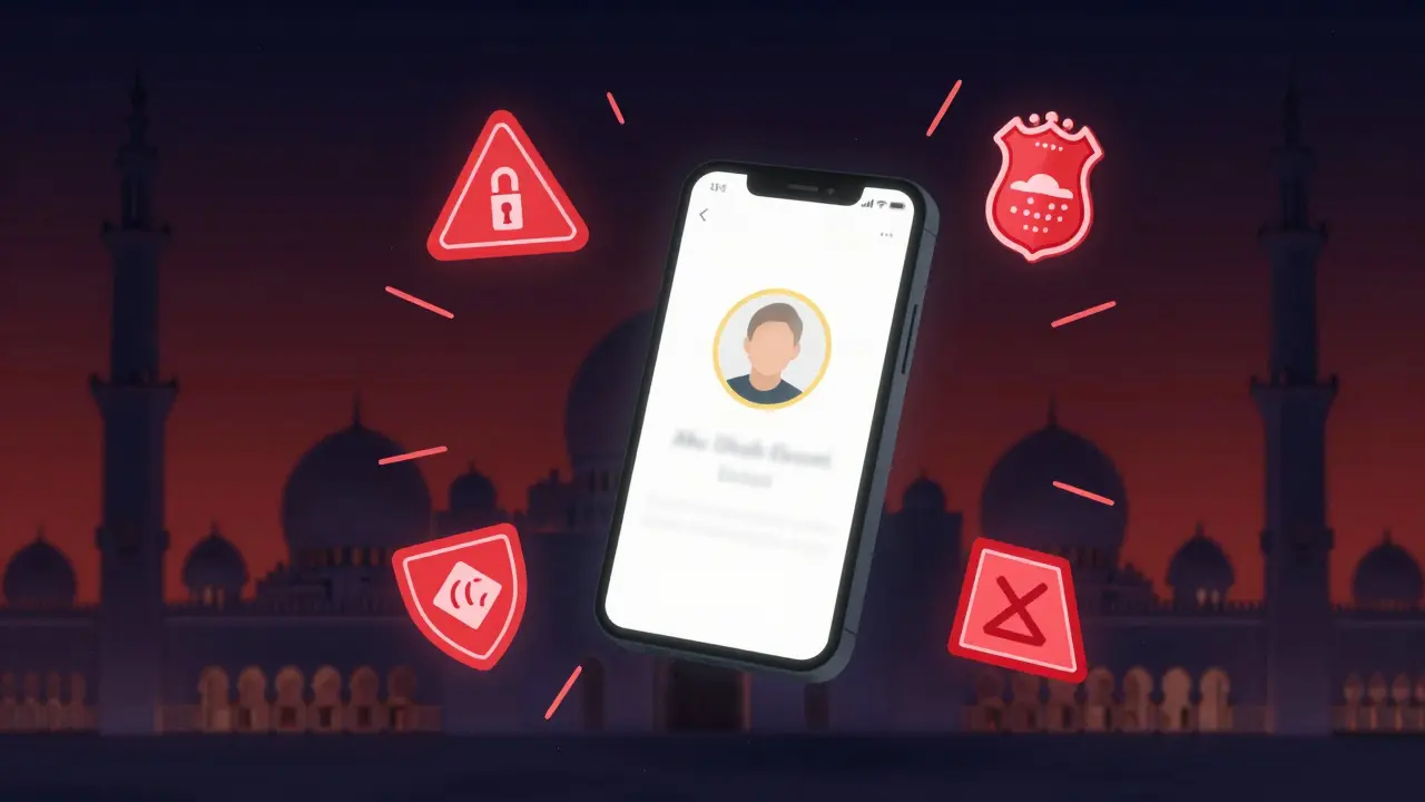 A smartphone screen with a misleading profile surrounded by warning symbols, fading into the silhouette of a grand mosque.