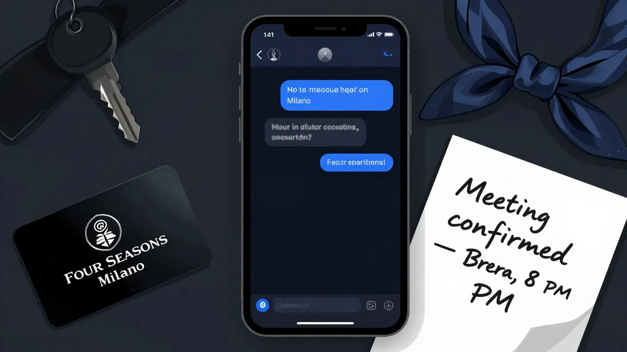 A smartphone with an encrypted message, beside a hotel keycard and handwritten note in dim light.