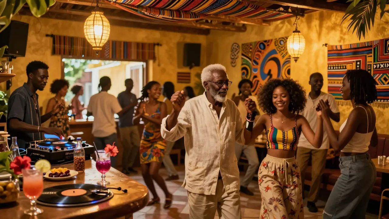 A vibrant bar with African textiles and diverse dancers enjoying global beats under warm lantern light.