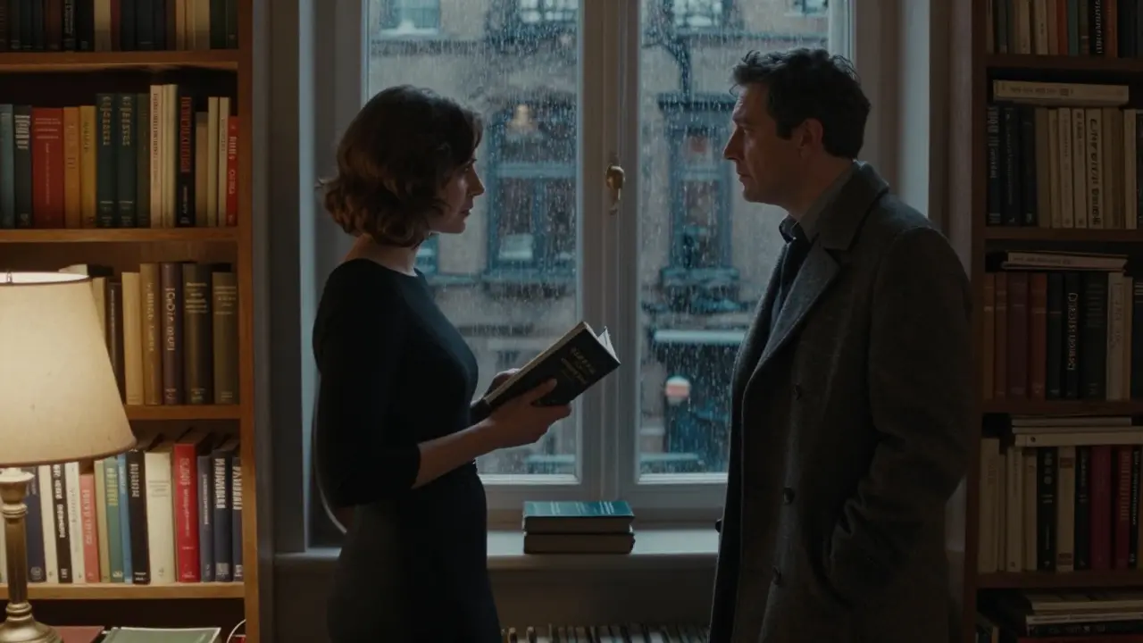 A woman holding poetry in a book-lined study, while a man listens attentively in soft rain-lit light.