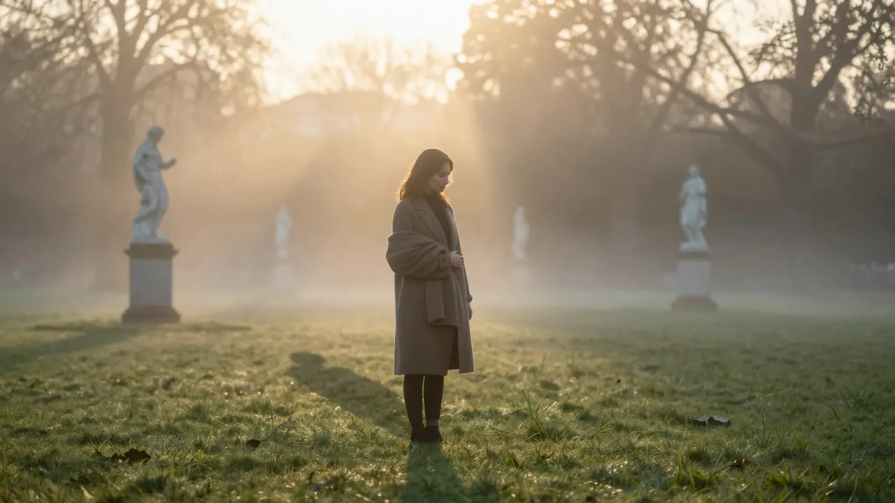 A woman stands alone in Luxembourg Gardens at dawn, her shadow suggesting the presence of companionship.
