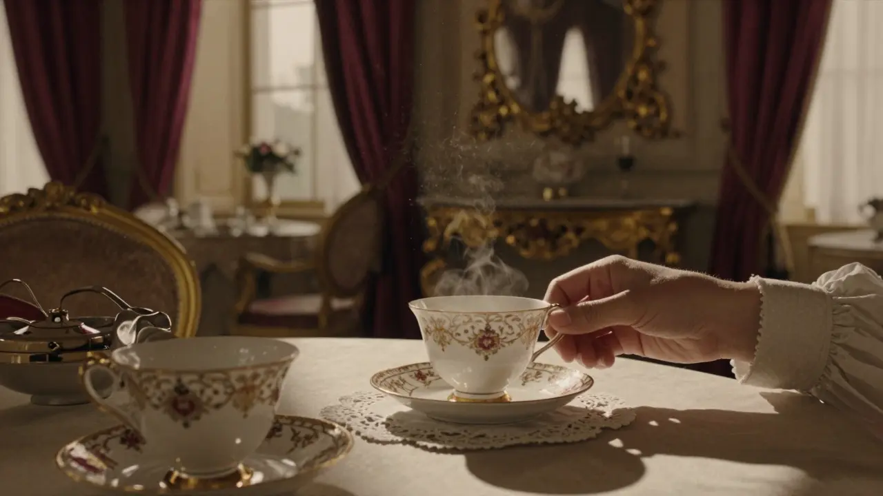 An elegant tea setting in Charlottenburg Palace’s private room, with porcelain cups and velvet curtains, afternoon light filtering softly.