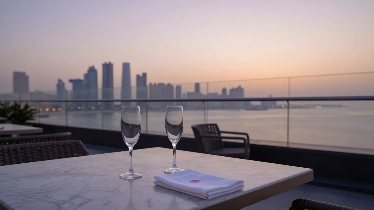 An empty rooftop bar at dawn, hinting at a quiet, private encounter just concluded.