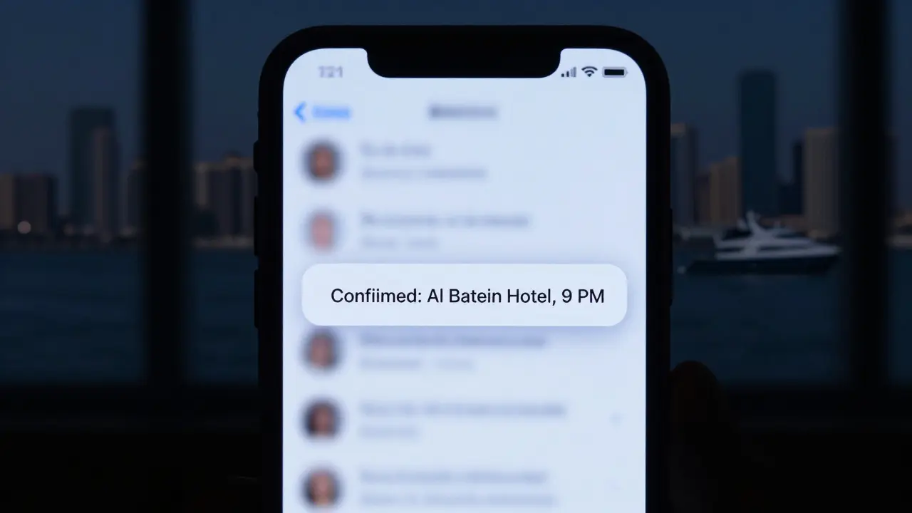 An encrypted message on a smartphone confirms a private meeting in Abu Dhabi.