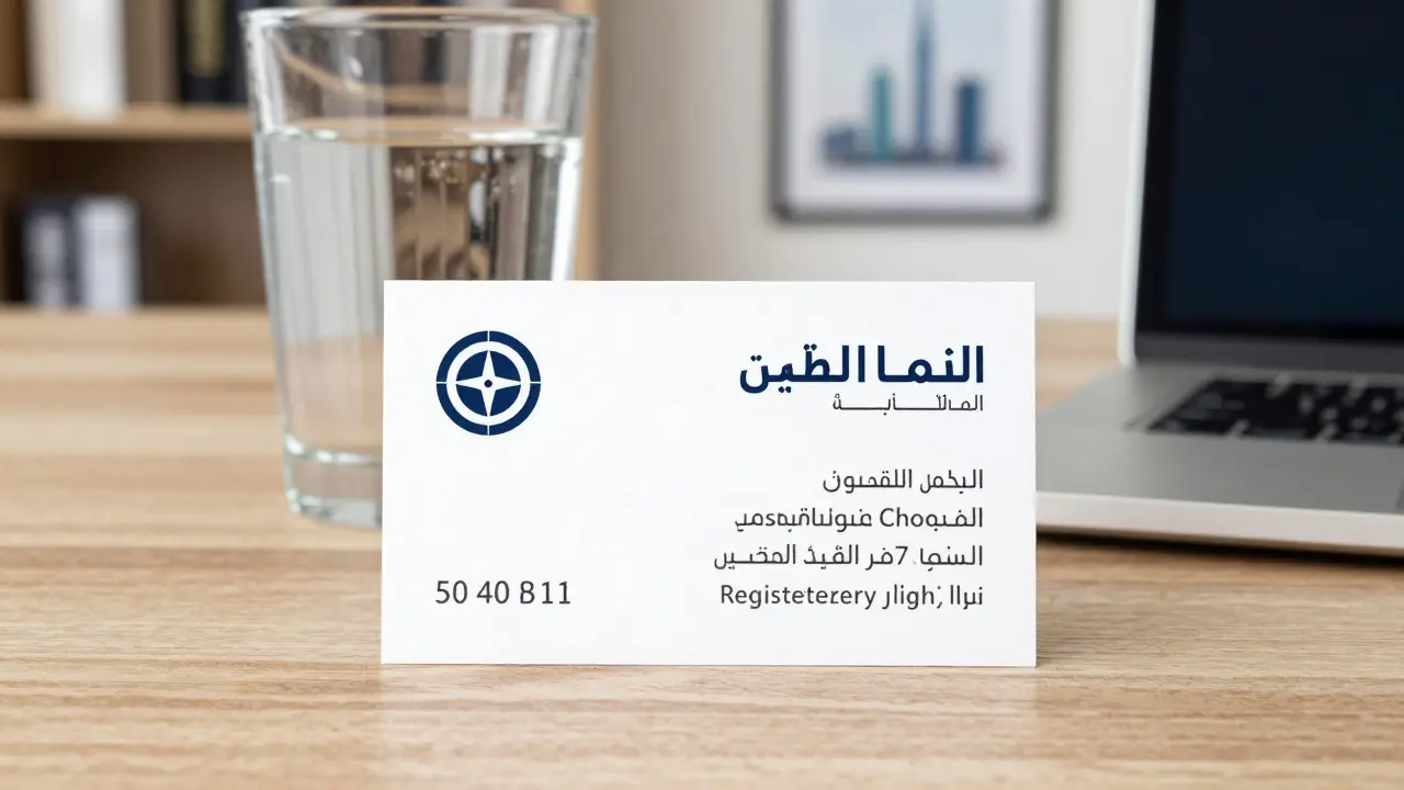 Business card with trade license number on wooden table beside water glass, professional setting, Abu Dhabi skyline in background.