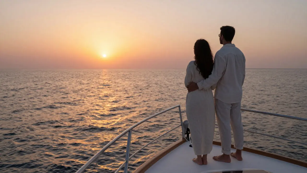 Couple on a private yacht at sunset, watching the horizon over the Persian Gulf.