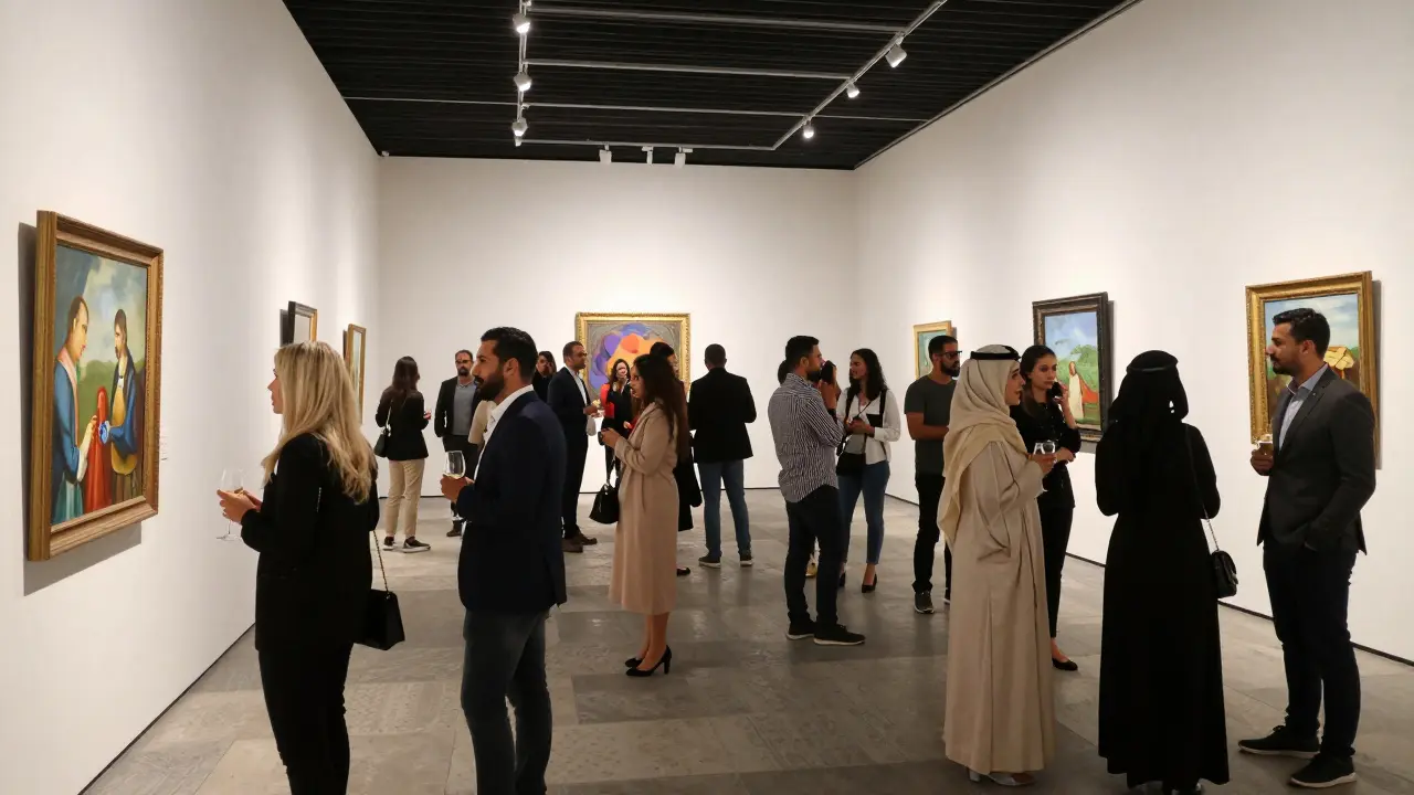 Crowd at Louvre Abu Dhabi art gallery opening, guests conversing over wine, cultural event, safe social alternative.