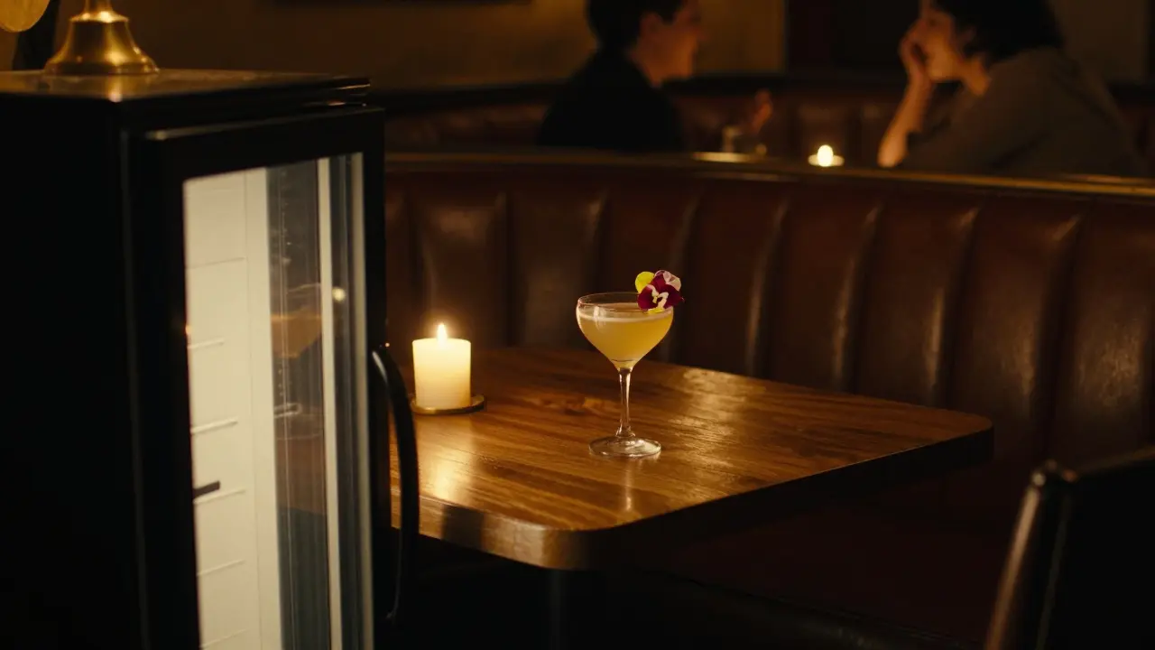 Dimly lit speakeasy with brass details, a glowing cocktail, and a hidden fridge door hinting at secrecy.