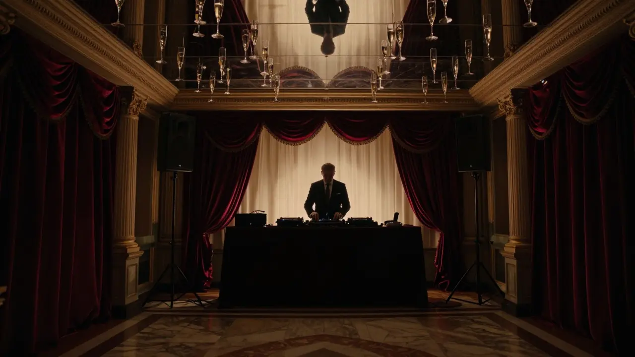 Elegant crowd at La Scala Club under mirrored ceiling, DJ silhouetted in dim luxury lighting.